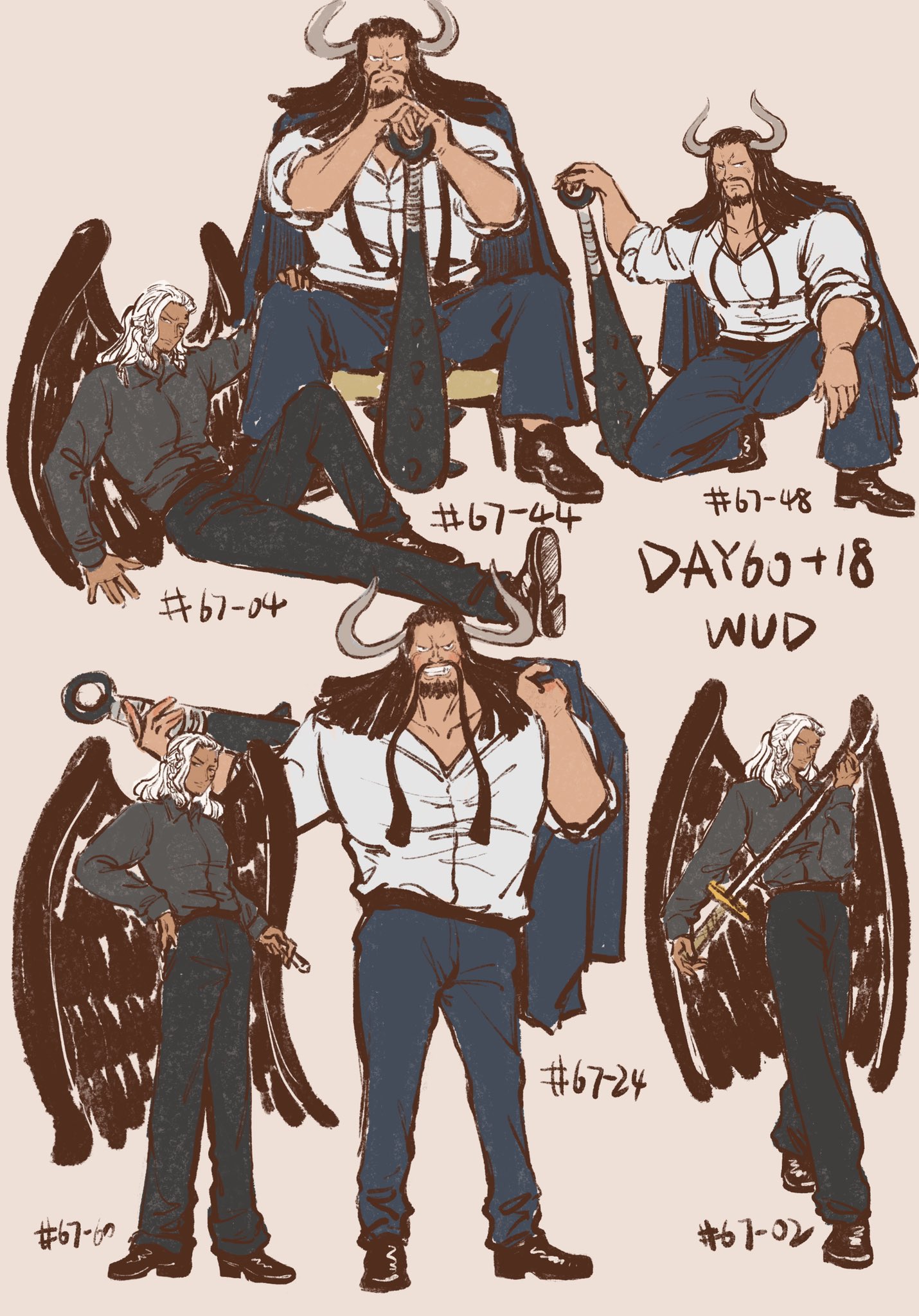 wud, kaidou (one piece), king (one piece), one piece, chinese commentary, commentary request, highres, 2boys, beard, black hair, black wings, braid, club, club (weapon), facial hair, full body, holding, holding sword, holding weapon, horns, jacket, jacket on shoulders, kanabou, long hair, long mustache, male focus, multiple boys, multiple views, mustache, on one knee, planted, shirt, simple background, sword, weapon, white hair, white shirt, wings