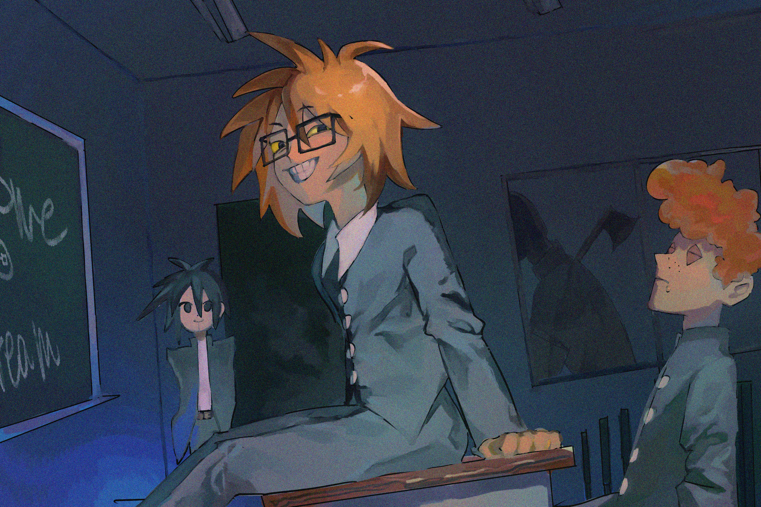 luther von ivory, randal ivory, sebastian de tomato smith chicken legs, tsukada satoru, randal's friends, commentary request, highres, 4boys, axe luther, black eyes, chalkboard, classroom, colored sclera, desk, gakuran, glasses, grin, indoors, kii ka, looking at viewer, male focus, multiple boys, on desk, orange hair, school desk, school uniform, short hair, sitting, smile, window, yellow sclera