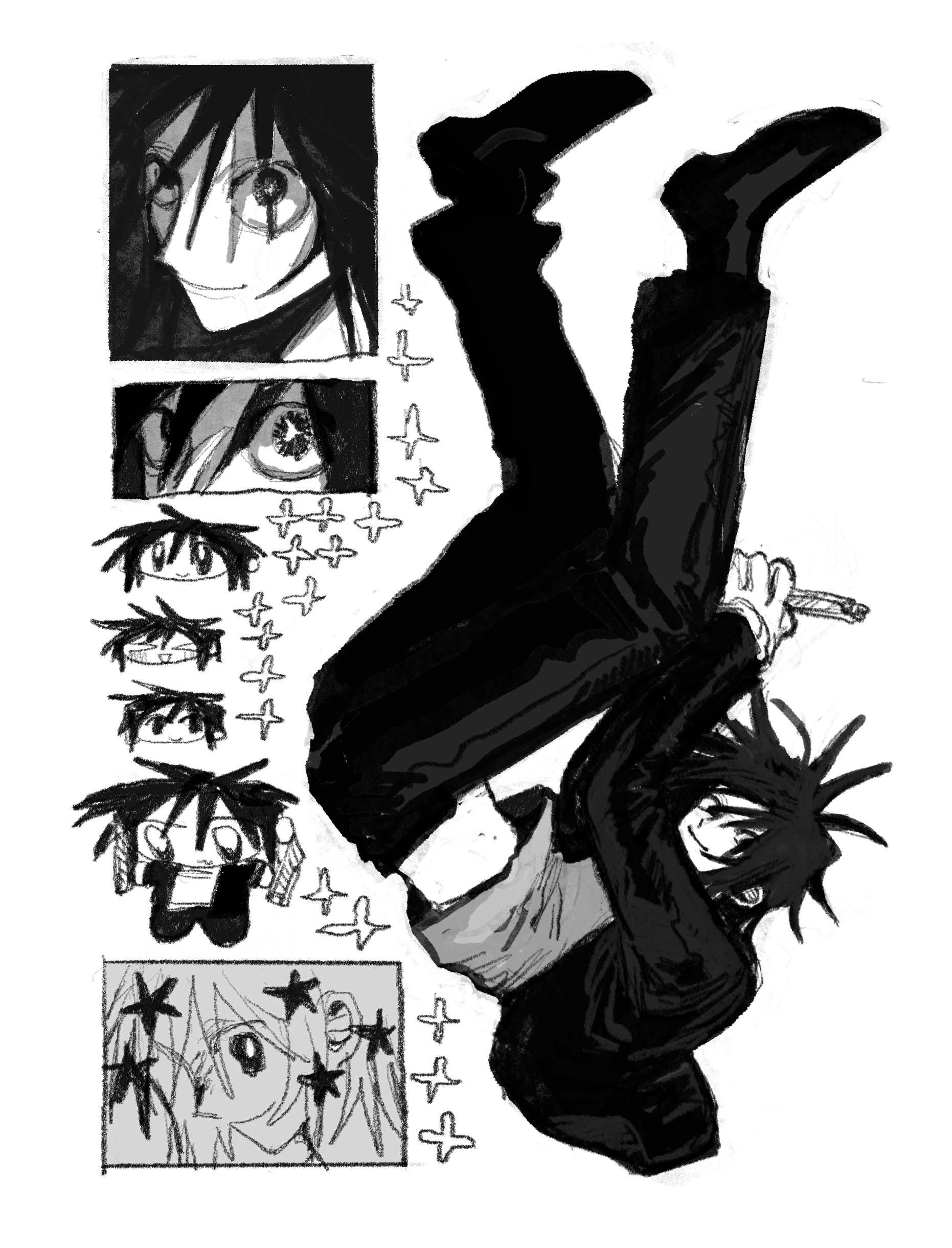 denpa shougai, tsukada satoru, randal's friends, absurdres, commentary, highres, 1boy, boxcutter, gakuran, greyscale, holding, holding boxcutter, jacket, looking at viewer, male focus, monochrome, multiple views, open clothes, open jacket, school uniform, short hair, simple background, white background