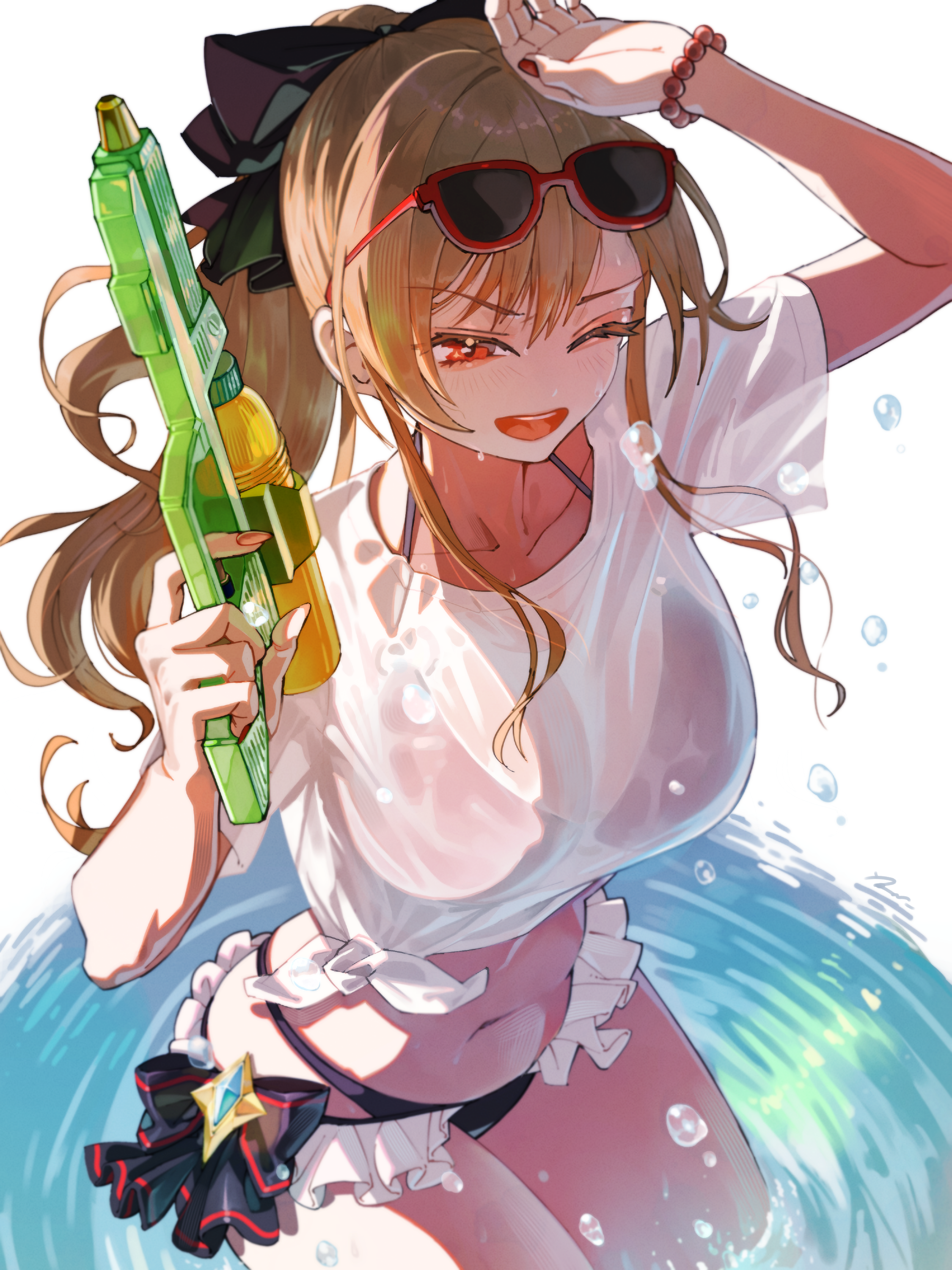 atari (eurf8445), furen e lustario, nijisanji, absurdres, commentary, highres, 1girl, ;d, bikini, bikini under clothes, black bikini, bracelet, breasts, brown hair, collarbone, eyewear on head, fingernails, halterneck, holding, holding water gun, jewelry, large breasts, long hair, looking ahead, nail polish, navel, one eye closed, open mouth, orange eyes, ponytail, red-framed eyewear, shirt, smile, solo, stomach, sunglasses, swimsuit, t-shirt, virtual youtuber, wading, water gun, wet, wet clothes, wet shirt, white shirt