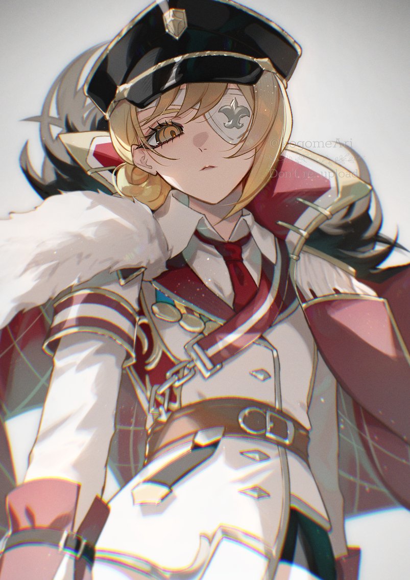 kogome (azalea4), djeeta (granblue fantasy), granblue fantasy, tagme, black hat, blonde hair, eyepatch, fur trim, hair bun, hat, jacket, looking at viewer, military hat, military uniform, official alternate costume, simple background, white background, white jacket, yellow eyes