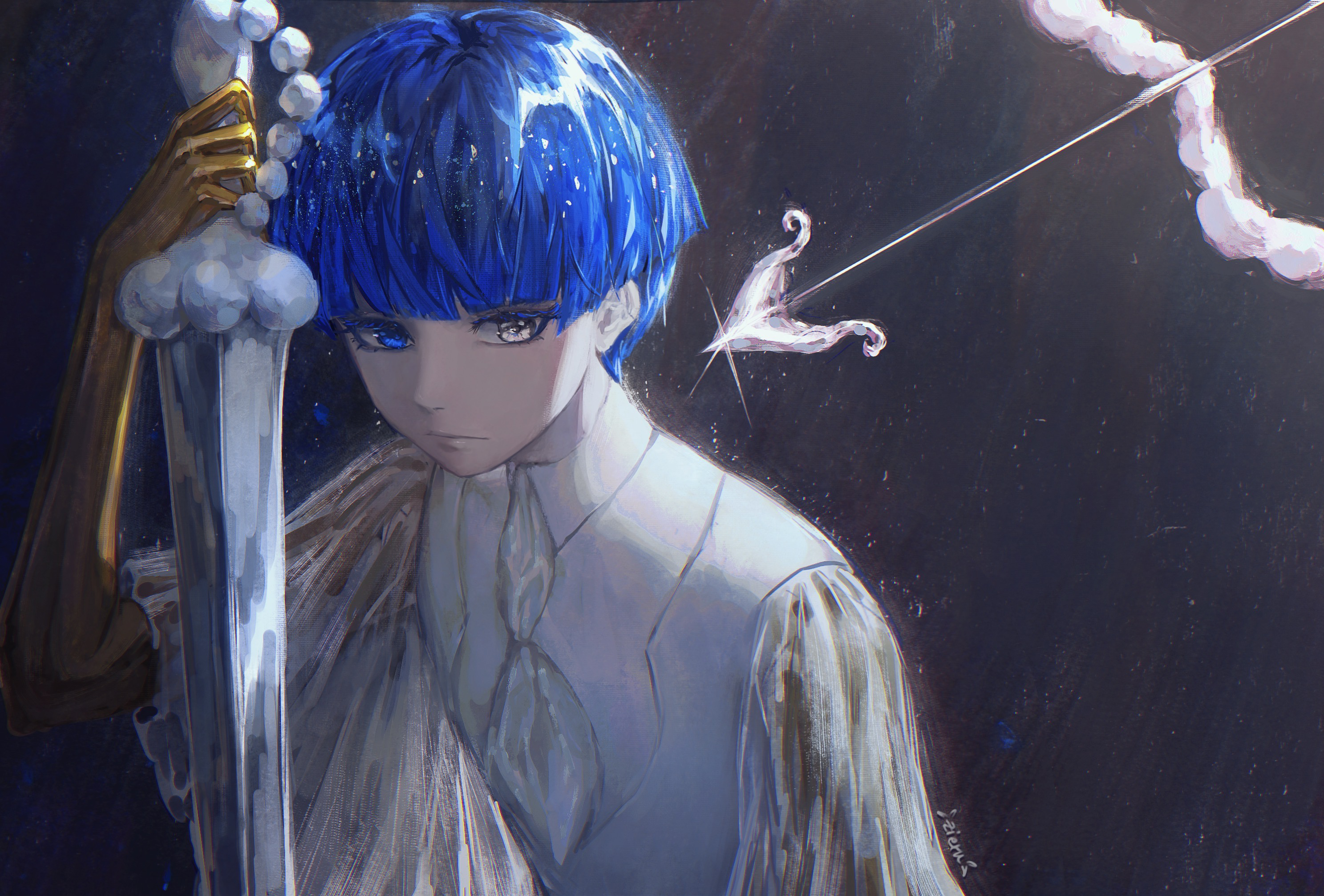 zieru, phosphophyllite, phosphophyllite (ll), houseki no kuni, commentary, highres, spoilers, 1other, androgynous, arrow (projectile), ascot, blue eyes, blue hair, blunt bangs, bowl cut, collared shirt, colored eyelashes, crystal hair, dark background, expressionless, glint, golden arms, greatsword, grey eyes, heterochromia, holding, holding sword, holding weapon, light particles, looking to the side, moon uniform (houseki no kuni), night, other focus, see-through clothes, see-through sleeves, shirt, short hair, solo, sword, weapon, wide sleeves