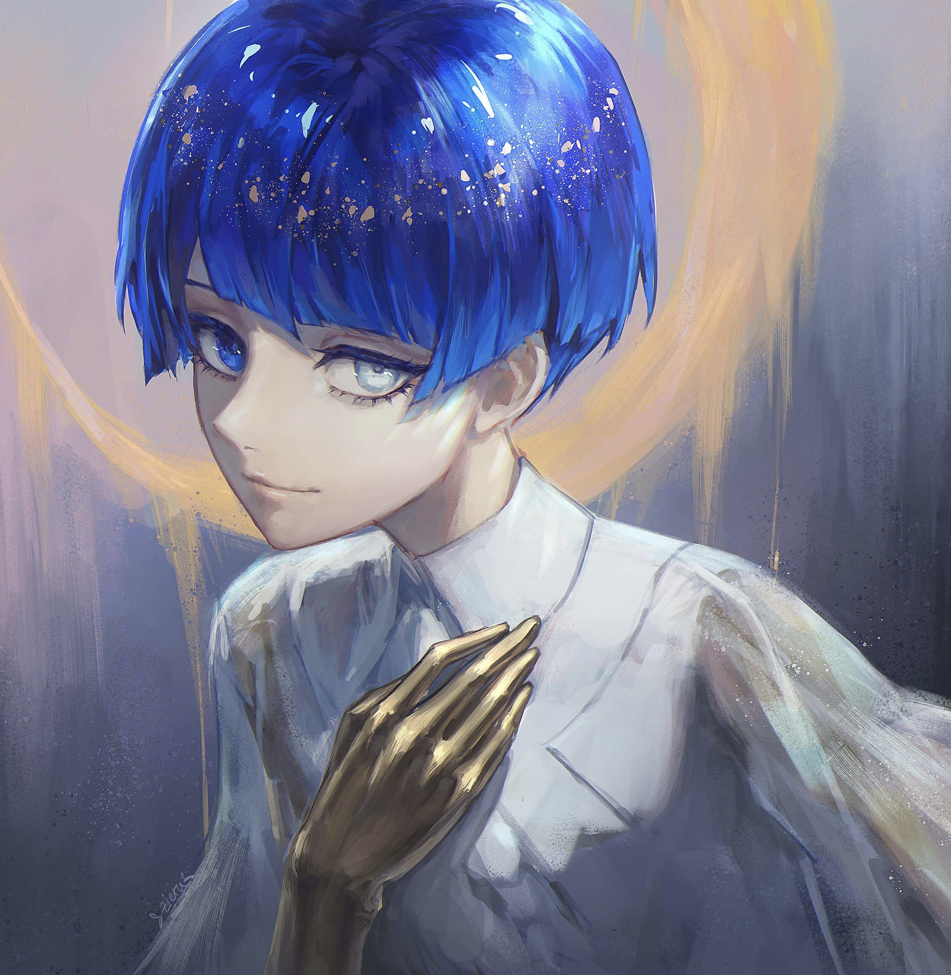 zieru, phosphophyllite, phosphophyllite (ll), houseki no kuni, commentary, highres, spoilers, 1other, androgynous, blue eyes, blue hair, blunt bangs, collared shirt, colored eyelashes, crystal hair, golden arms, green eyes, hand on own chest, heterochromia, light smile, long sleeves, looking at viewer, other focus, see-through clothes, see-through sleeves, shirt, short hair, solo, upper body, white shirt, wide sleeves