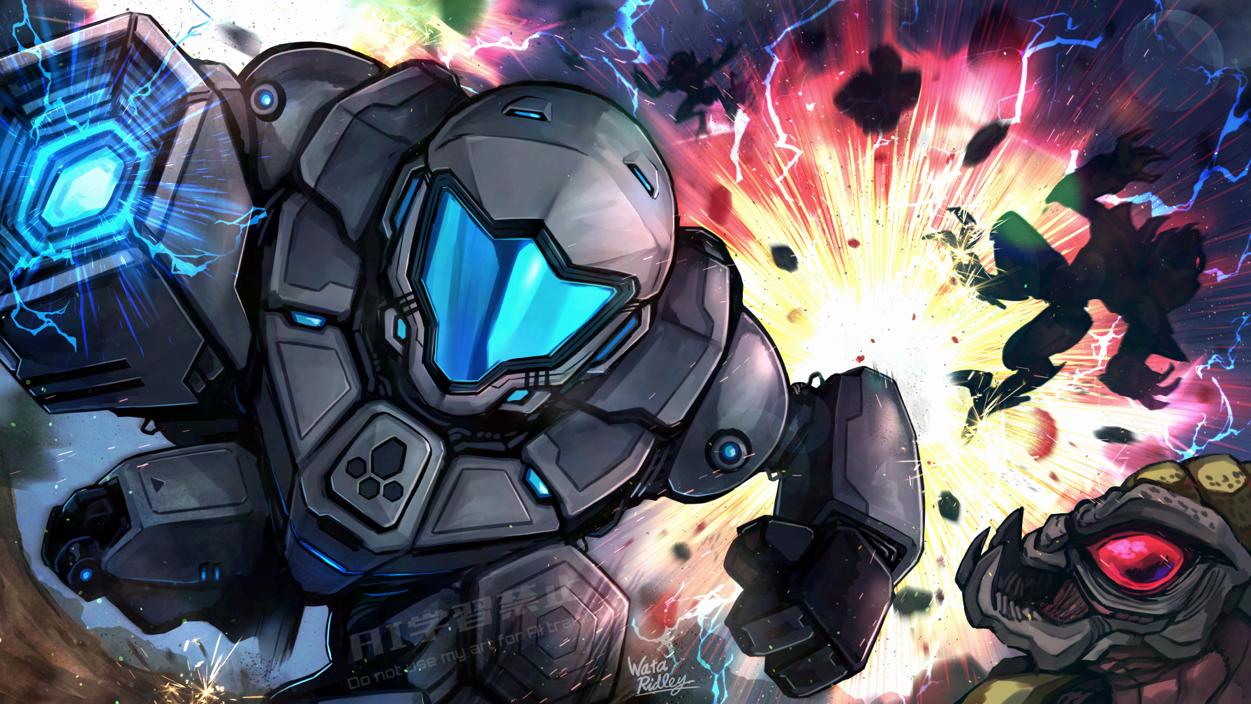 wakaba (wata ridley), galactic federation trooper, space pirate (metroid), metroid, metroid prime: federation force, nintendo, highres, arm cannon, explosion, fangs, mecha, red eyes, robot, signature, visor (armor), watermark, weapon