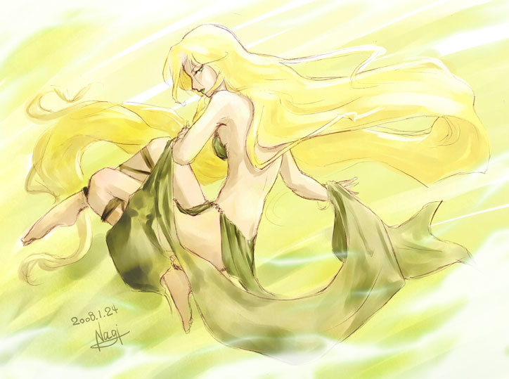 nagi (nook), barbariccia, final fantasy, final fantasy iv, 1990s (style), 1girl, barefoot, bikini, blonde hair, female focus, green eyes, lipstick, loincloth, long hair, makeup, retro artstyle, solo, swimsuit, very long hair, yellow bikini