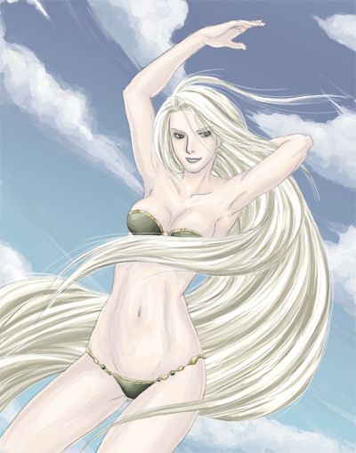 bo chi ko, barbariccia, final fantasy, final fantasy iv, 1990s (style), 1girl, bikini, blonde hair, breasts, cleavage, day, female focus, long hair, medium breasts, outdoors, sky, solo, swimsuit, very long hair, yellow eyes