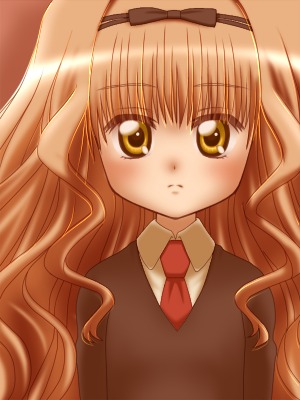 awa, mashiro rima, shugo chara!, eyebrows, lowres, 1girl, blush, closed mouth, collared shirt, expressionless, female focus, hair intakes, long sleeves, looking at viewer, necktie, orange hair, red necktie, shirt, solo, sweater, upper body, wavy hair, yellow eyes
