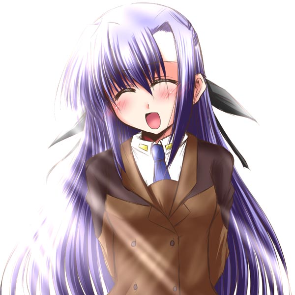 misana, ginga nakajima, lyrical nanoha, mahou shoujo lyrical nanoha, mahou shoujo lyrical nanoha strikers, 00s, 1girl, blush, closed eyes, female focus, hair ribbon, long hair, military, military uniform, necktie, purple hair, ribbon, solo