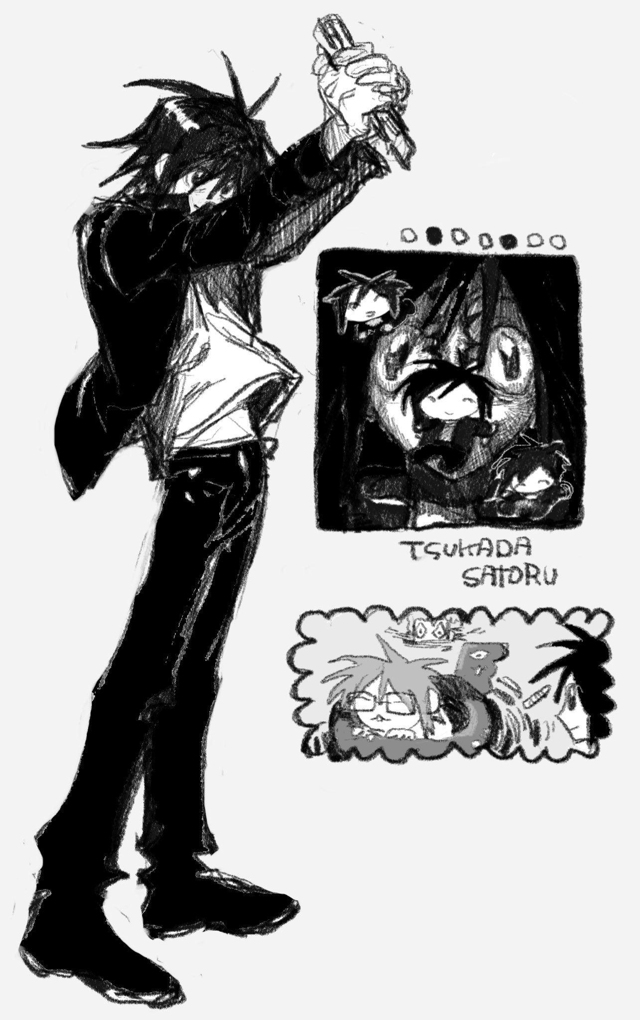 denpa shougai, randal ivory, sebastian de tomato smith chicken legs, tsukada satoru, randal's friends, commentary, highres, 3boys, boxcutter, gakuran, grey background, greyscale, holding, holding boxcutter, jacket, male focus, monochrome, multiple boys, multiple views, open clothes, open jacket, school uniform, short hair, simple background