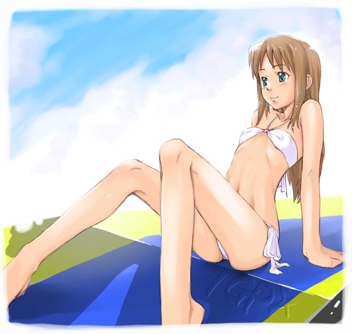 artist request, source request, bikini, brown hair, day, flat chest, long legs, side-tie bikini bottom, sitting, solo, swimsuit