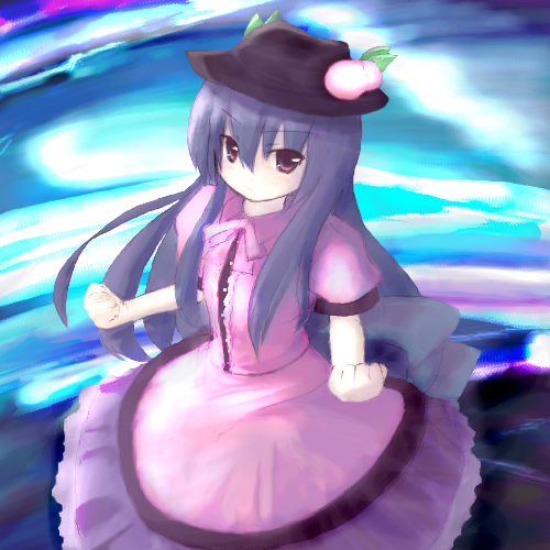 tsubasa (abchipika), hinanawi tenshi, touhou, lowres, 1girl, blue hair, buttons, center frills, dress, female focus, food, frills, fruit, hat, long hair, looking at viewer, peach, puffy short sleeves, puffy sleeves, red eyes, short sleeves, solo, white dress