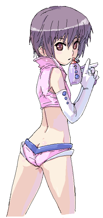 koma (qqq111), nagato yuki, suzumiya haruhi no yuuutsu, bad id, bad pixiv id, 00s, 1girl, butt crack, elbow gloves, energy gun, female focus, flat chest, gloves, oekaki, purple hair, ray gun, short shorts, shorts, solo, sos galactic patrol, weapon