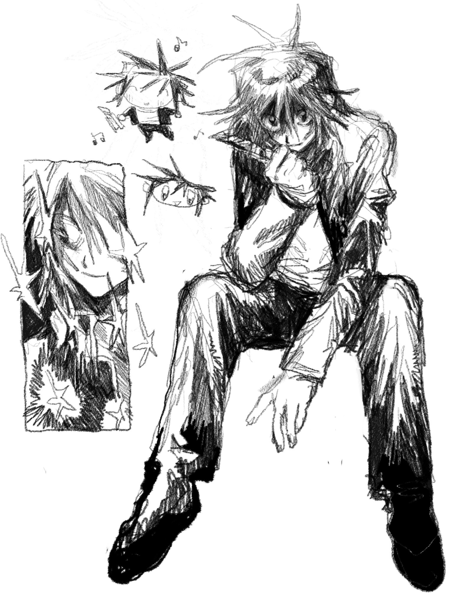 denpa shougai, tsukada satoru, randal's friends, commentary, highres, 1boy, boxcutter, gakuran, greyscale, holding, holding boxcutter, invisible chair, jacket, looking at viewer, male focus, monochrome, multiple views, open clothes, open jacket, school uniform, short hair, simple background, sitting, white background