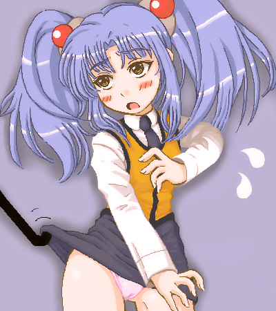 ebi tendon, hoshino ruri, kidou senkan nadesico, lowres, 1girl, clothes lift, female focus, hair ornament, oekaki, panties, pencil skirt, skirt, skirt lift, solo, sphere hair ornament, underwear