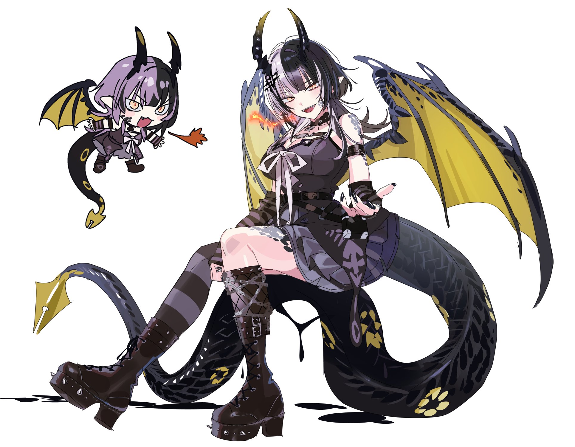 yomosaka, shiori novella, shiori novella (1st costume), hololive, hololive english, highres, 1girl, :d, arm warmers, asymmetrical legwear, black boots, black choker, black dress, black hair, black socks, black thighhighs, boots, breasts, chest belt, chibi, chibi inset, choker, dragon girl, dragon horns, dragon tail, dragon wings, dress, fishnet socks, fishnets, full body, grey hair, high heel boots, high heels, horns, kneehighs, large breasts, layered dress, long hair, looking at viewer, mismatched legwear, multicolored hair, open mouth, platform heels, short dress, simple background, single kneehigh, single sock, single thighhigh, sitting, sitting on own tail, sleeveless, sleeveless dress, smile, socks, split-color hair, striped clothes, striped thighhighs, tail, thighhighs, uneven legwear, virtual youtuber, white background, wings, yellow eyes