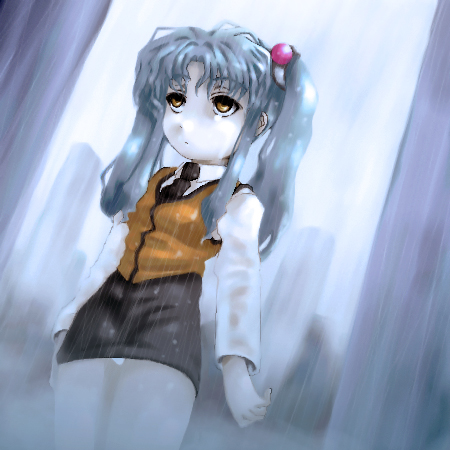 ebi tendon, hoshino ruri, kidou senkan nadesico, lowres, 1girl, blue hair, female focus, hair ornament, pale skin, panties, pantyshot, pencil skirt, skirt, solo, sphere hair ornament, twintails, underwear, vest, yellow eyes