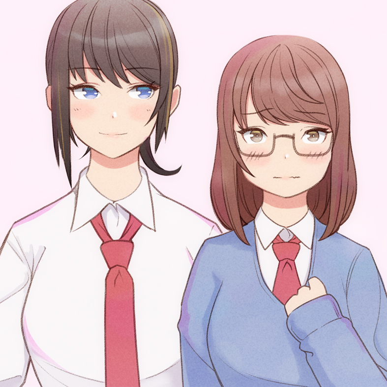 konishiki (52siki), nanami (doa), tsukushi (doa), dead or alive, dead or alive xtreme, 2girls, blue eyes, blush, breasts, brown eyes, brown hair, cropped torso, glasses, hand on own chest, large breasts, light smile, long hair, looking at another, looking at viewer, multicolored hair, multiple girls, necktie, nervous smile, ponytail, school uniform, shirt, short hair, simple background, smile, sweater, two-tone hair