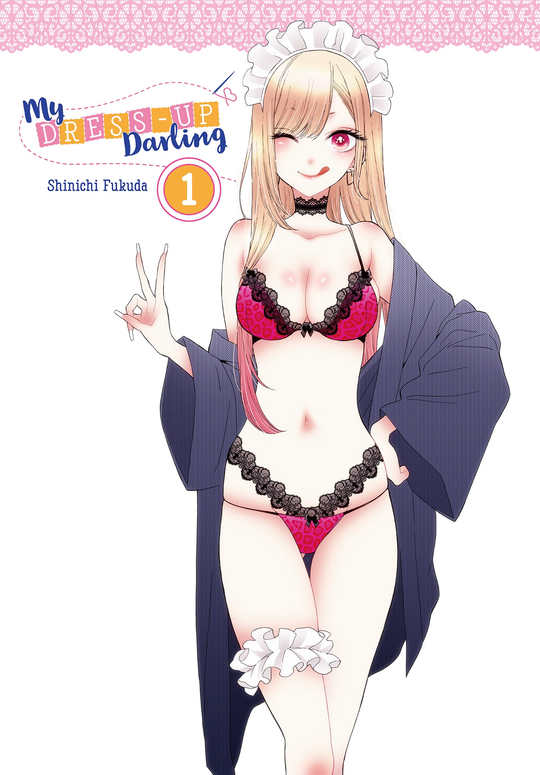 fukuda shinichi, kitagawa marin, sono bisque doll wa koi wo suru, absurdres, highres, official art, 1girl, artist name, belly, black bra, black choker, blonde hair, blue kimono, bra, breasts, choker, cleavage, ear piercing, earrings, english text, japanese clothes, jewelry, kimono, large breasts, lingerie, long hair, maid, maid headdress, navel, panties, piercing, red bra, red eyes, red panties, tongue, tongue out, underwear, v