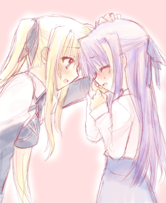 saki chisuzu, fate testarossa, ginga nakajima, lyrical nanoha, mahou shoujo lyrical nanoha, mahou shoujo lyrical nanoha strikers, hand on head, 00s, 2girls, :d, blonde hair, blue skirt, child, closed eyes, female focus, from side, headpat, long hair, multiple girls, open mouth, red eyes, sailor collar, school uniform, serafuku, simple background, skirt, smile, tears, twintails, very long hair