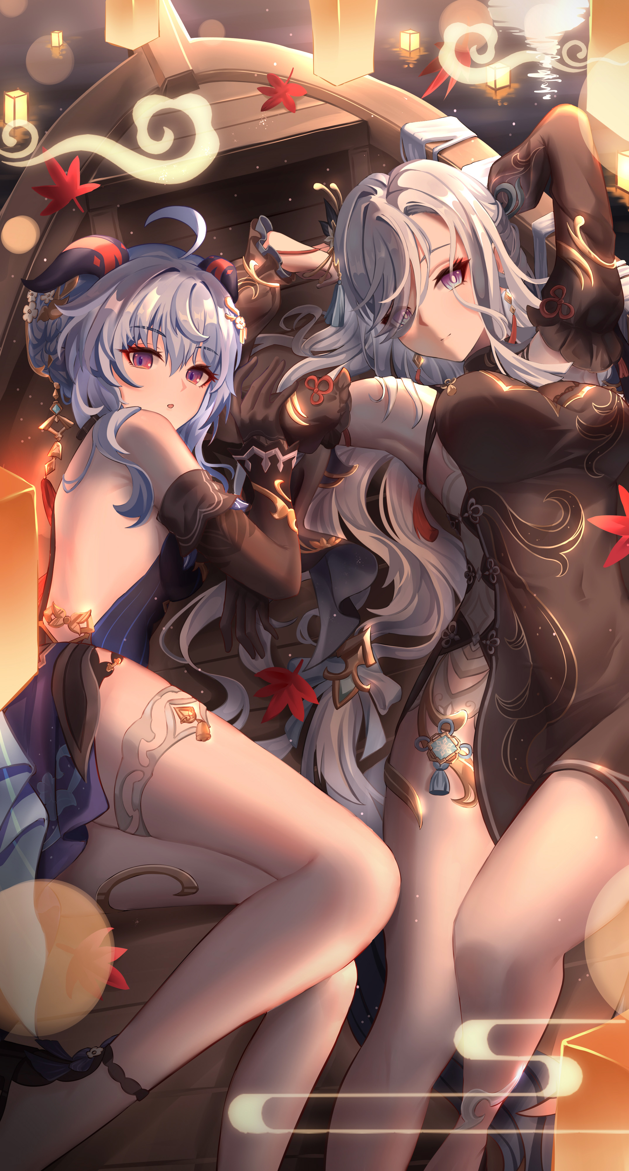 aichinaigai, ganyu (genshin impact), ganyu (twilight blossom) (genshin impact), shenhe (frostflower dew) (genshin impact), shenhe (genshin impact), genshin impact, absurdres, commentary, highres, 2girls, ahoge, arms up, backless dress, backless outfit, bare shoulders, black dress, black gloves, black horns, blue dress, blue eyes, blue hair, breasts, bright pupils, closed mouth, covered navel, dress, elbow gloves, eyes visible through hair, gloves, goat girl, goat horns, gradient eyes, grey hair, hair over one eye, horns, jewelry, large breasts, light smile, long hair, looking at viewer, medium hair, multicolored eyes, multiple girls, official alternate costume, purple eyes, thighlet, white pupils