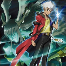 yoshimatsu takahiro, amil gaoul, kiba, zed (kiba), zed (wild arms), kiba (anime), lowres, official art, 00s, 2boys, amil gaul, belt, black hair, blue eyes, blue skin, blunt bangs, buttons, charm (object), coat, colored skin, facial mark, glowing, head wings, long hair, male focus, multiple boys, pants, short hair, standing, strap, trench coat, white hair, wings