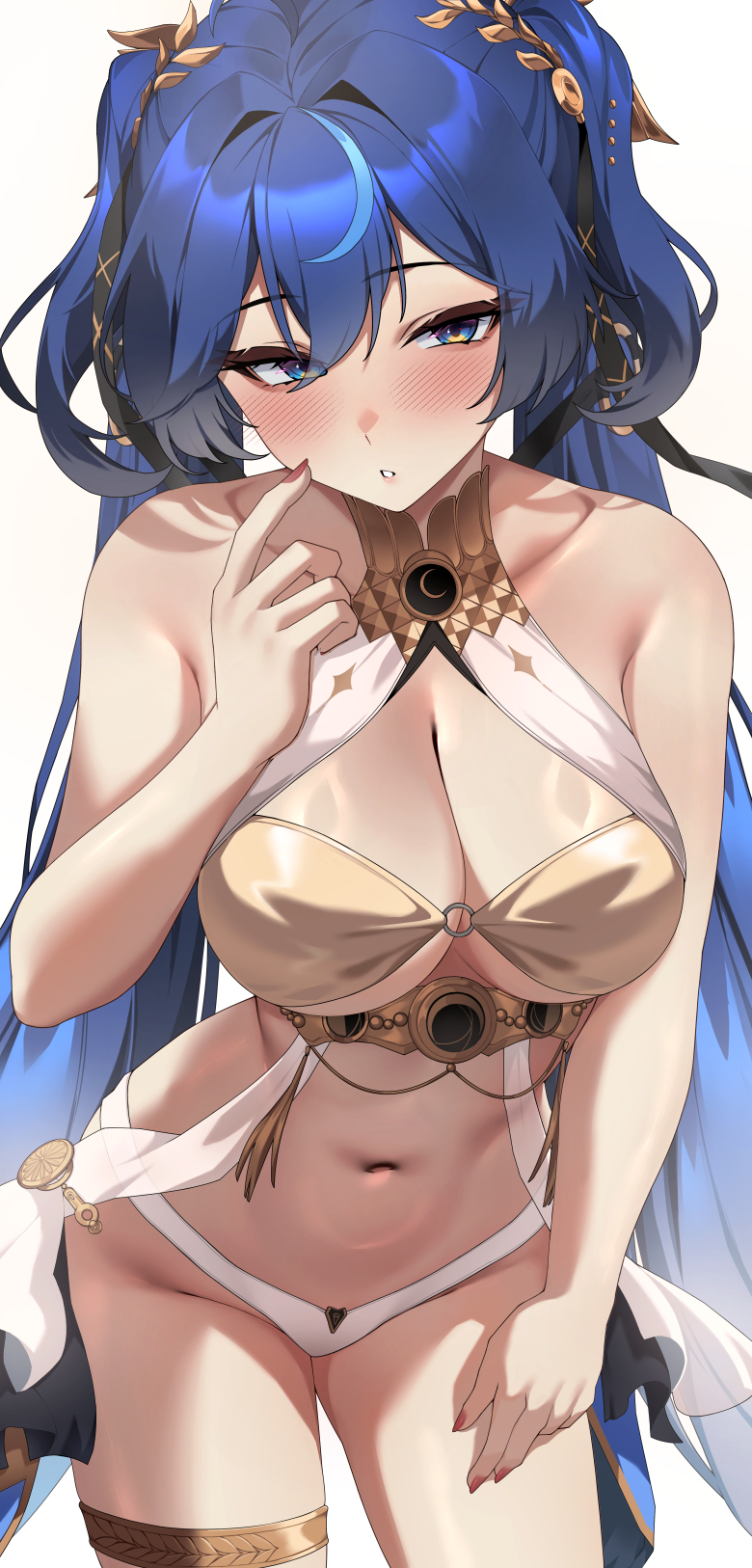 lessone, iuno (wuthering waves), wuthering waves, commentary, english commentary, highres, paid reward available, 1girl, absurdly long hair, alternate breast size (larger), bare shoulders, bikini, blue eyes, blue hair, blush, breasts, cleavage, collarbone, fingernails, gold, gold bra, groin, hair belt, hair ornament, hand up, head wreath, jewelry, large breasts, leaning forward, long hair, looking at viewer, multicolored hair, navel, parted lips, red nails, simple background, solo, stomach, streaked hair, swimsuit, thighlet, thighs, twintails, very long hair, white background