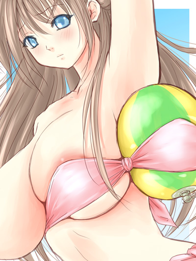 bucho, bad id, bad pixiv id, ball, beachball, bikini, blue eyes, blush, breasts, brown hair, huge breasts, long hair, solo, swimsuit