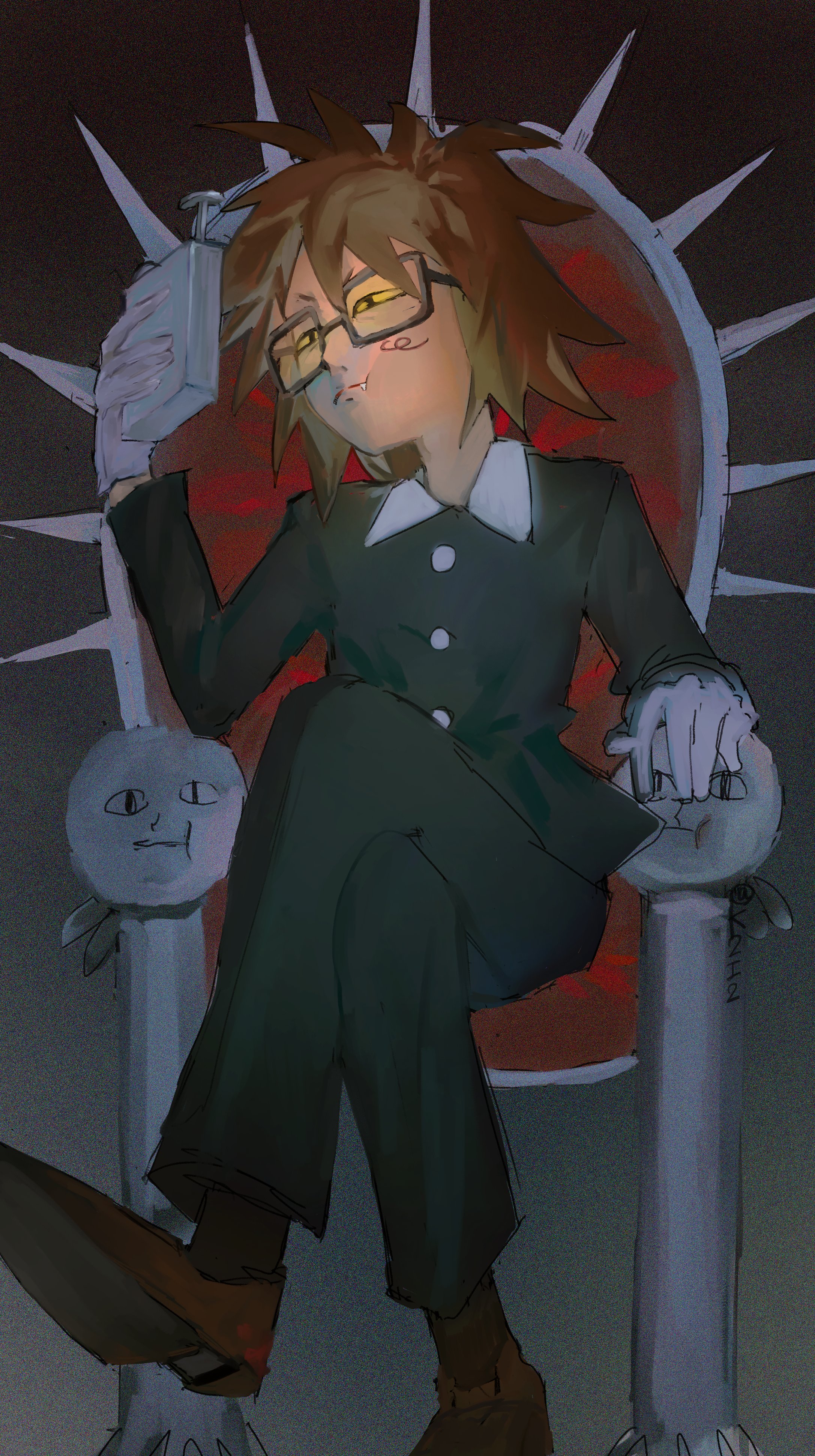 randal ivory, randal's friends, absurdres, commentary request, highres, 1boy, :t, black eyes, brown hair, colored sclera, crossed legs, fang, fang out, glasses, gloves, holding, jacket, kii ka, male focus, short hair, sitting, sitting on throne, solo, throne, yellow sclera