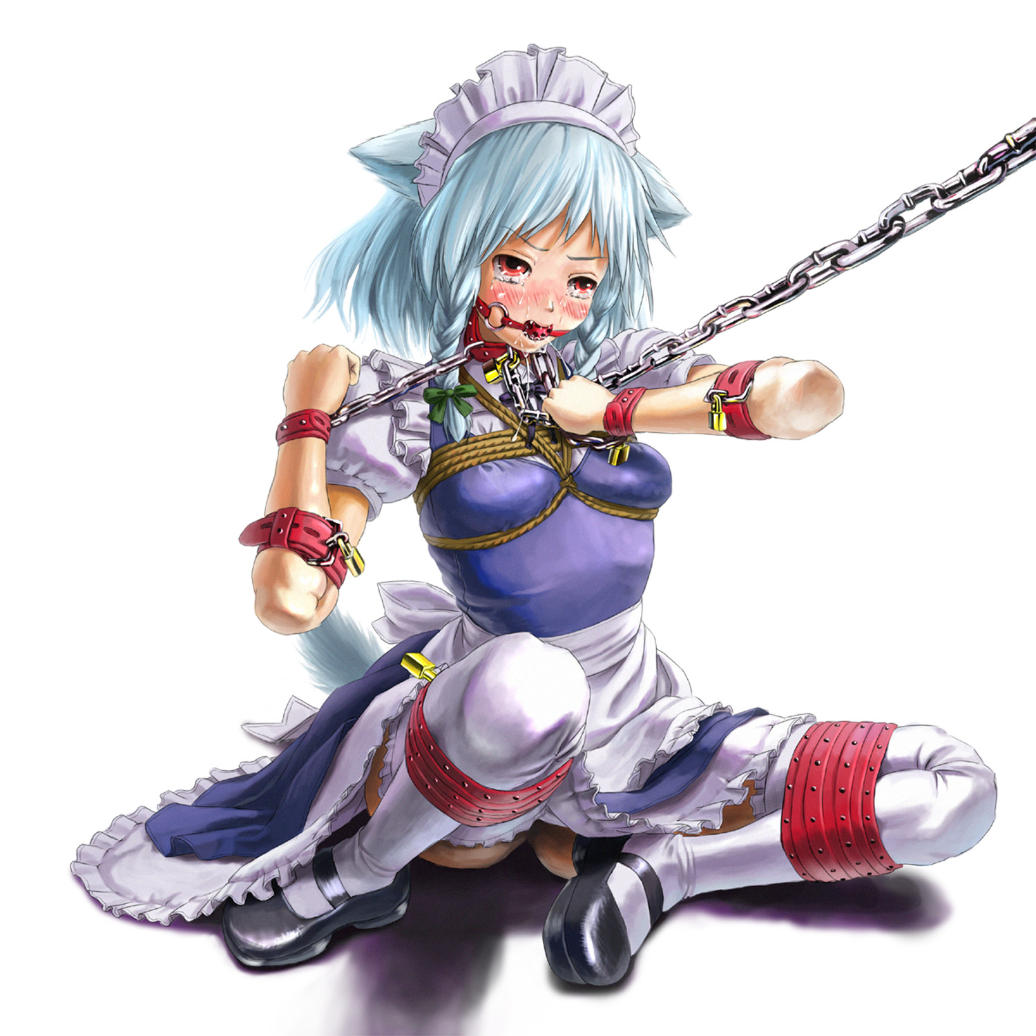 itou tatsuya, izayoi sakuya, touhou, bad id, bad pixiv id, highres, 1girl, animal ears, ball gag, bdsm, blue hair, bondage, bound, braid, breast bondage, breasts, chain, cuffs-to-collar, fang, female focus, gag, gagged, maid, mair, rope, shibari, slave, solo, tail, thighhighs, twin braids, wiffle gag