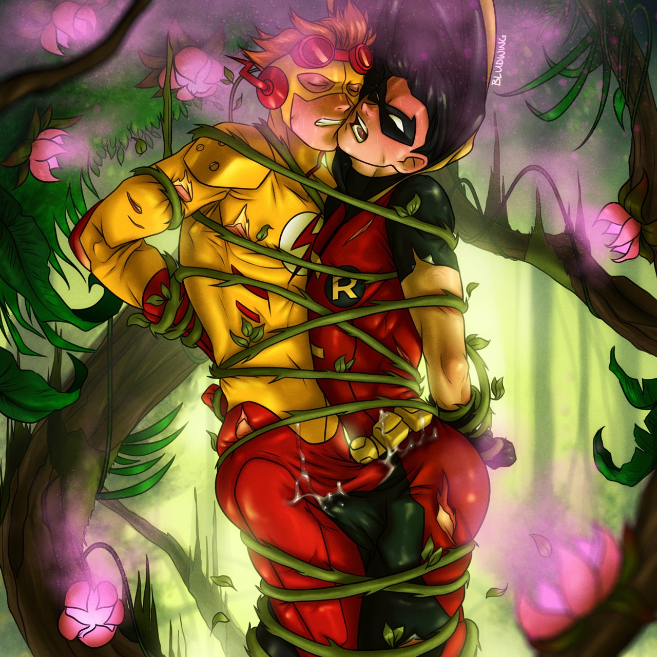 bludwing, kid flash, robin (dc), batman (series), dc comics, commentary, english commentary, highres, 2boys, artist name, ass, black hair, bodysuit, bulge, closed eyes, closed mouth, cum, domino mask, ejaculation, ejaculation under clothes, erection, erection under clothes, male focus, mask, multiple boys, open mouth, orange hair, plant, short hair, superhero costume, teeth, torn clothes, yaoi
