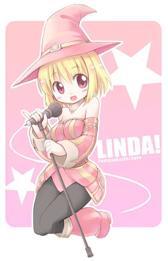 emurin, linda (fantasy earth zero), fantasy earth zero, 1girl, bare shoulders, blonde hair, blush, boots, detached sleeves, female focus, hat, microphone, microphone stand, pantyhose, pink background, pink boots, pink hat, pink theme, red eyes, short hair, solo, witch hat