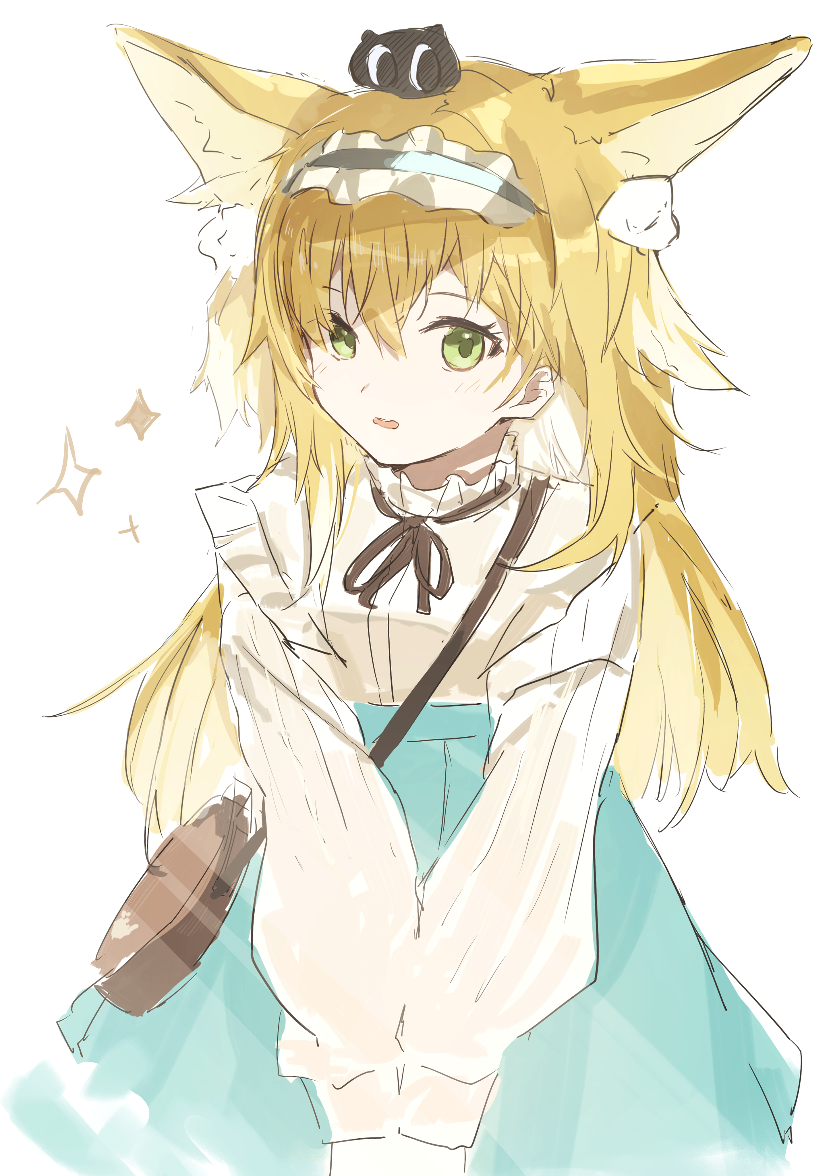 sudadachi, heixiu, suzuran (arknights), suzuran (spring praise) (arknights), arknights, luo xiaohei zhanji, absurdres, commentary, highres, symbol-only commentary, 1girl, animal ear fluff, animal ears, bag, blonde hair, blue hairband, blue skirt, breasts, brown ribbon, crossover, fox ears, frilled hairband, frills, green eyes, hair between eyes, hairband, high-waist skirt, long hair, long sleeves, looking at viewer, neck ribbon, parted lips, puffy long sleeves, puffy sleeves, ribbon, shirt, shoulder bag, simple background, skirt, small breasts, sparkle, v arms, very long hair, white shirt