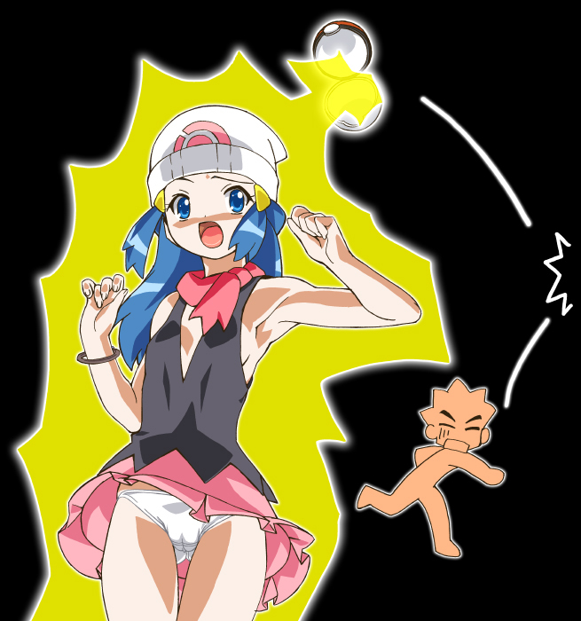 gambler club, brock (pokemon), dawn (pokemon), nintendo, pokemon, 1boy, 1girl, armpits, black shirt, blue eyes, blue hair, bracelet, cameltoe, jewelry, long hair, open mouth, panties, pantyshot, poke ball, scarf, shirt, simple background, standing, thighs, underwear, upskirt