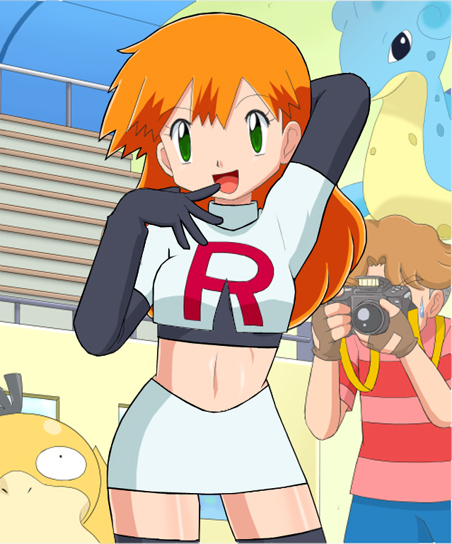 pokemoa, lapras, misty (pokemon), psyduck, nintendo, pokemon, 1boy, 1girl, :d, alternate color, arm behind head, black thighhighs, cosplay, crop top, elbow gloves, finger to mouth, gen 1 pokemon, gloves, green eyes, indoors, long hair, looking at viewer, midriff, miniskirt, open mouth, orange hair, shiny skin, skirt, smile, team rocket, thighhighs, zettai ryouiki
