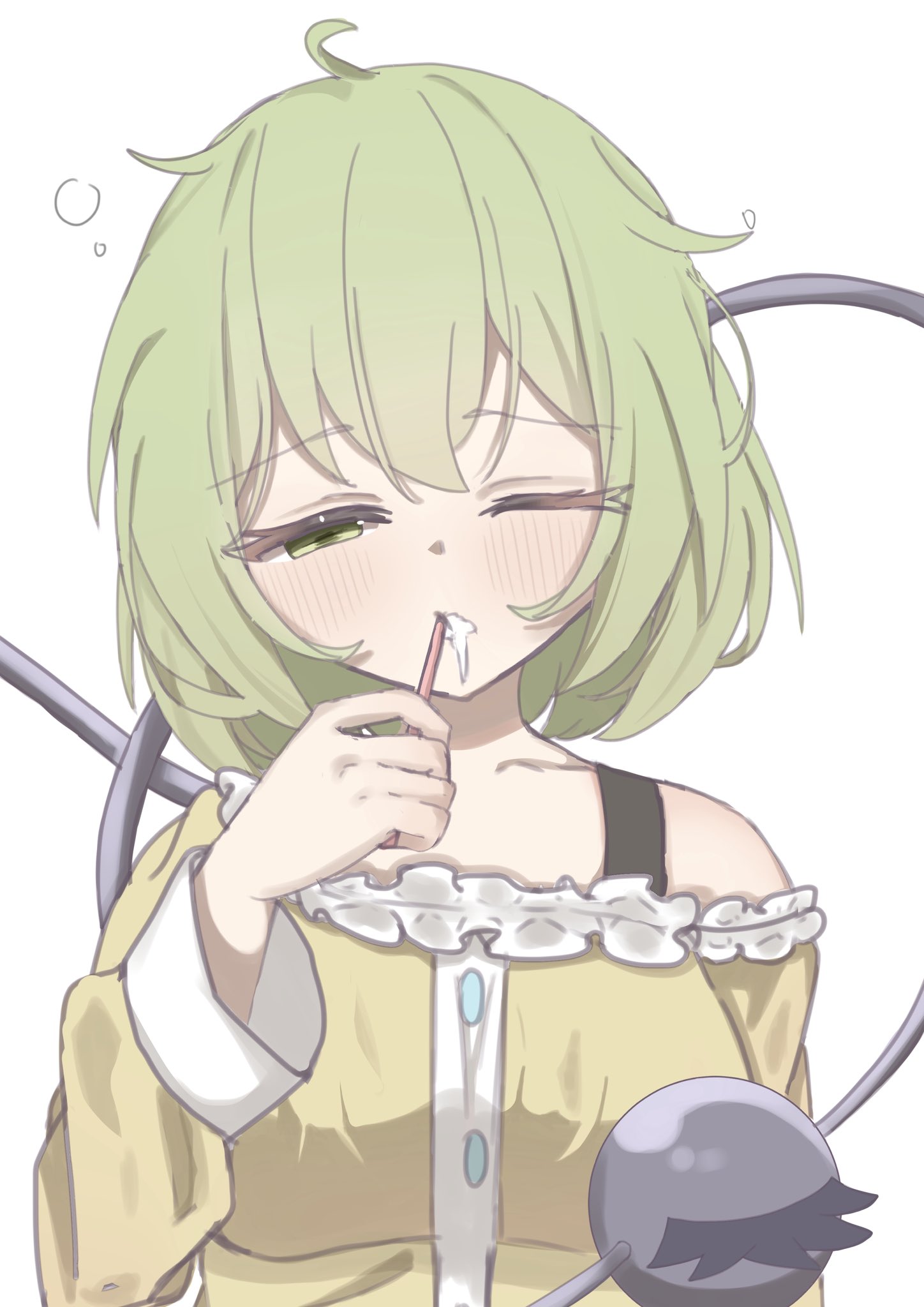 komeiji koishi, touhou, commentary request, highres, 1girl, adapted costume, arm at side, blush, brushing teeth, buttons, collarbone, eyelashes, frilled pajamas, frills, green eyes, green hair, half-closed eye, hand up, hatsuka2o, holding, holding toothbrush, long sleeves, looking at viewer, medium hair, messy hair, no headwear, pajamas, simple background, single bare shoulder, sleepy, solo, squeans, third eye, toothbrush, toothbrush in mouth, upper body, waking up, white background, wide sleeves, yellow pajamas