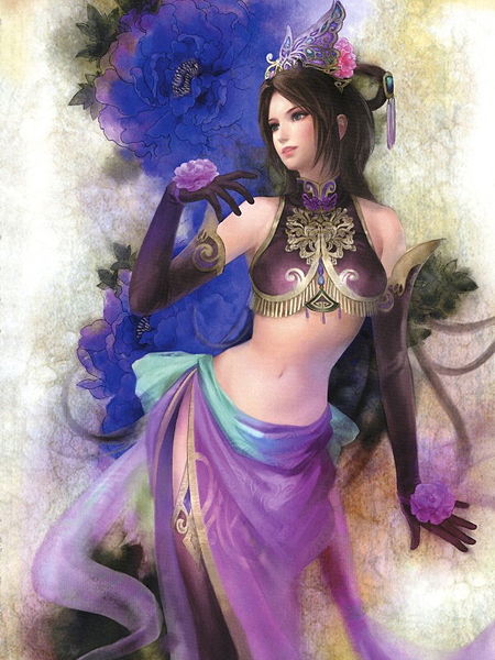 diao chan, shin sangoku musou, 1girl, bare shoulders, black gloves, black hair, black thighhighs, blue eyes, cowboy shot, crop top, elbow gloves, female focus, floral background, flower, gloves, hair rings, long hair, looking to the side, midriff, navel, parted lips, pink lips, purple flower, purple rose, rose, sarong, sleeveless, solo, standing, stomach, thighhighs, tiara