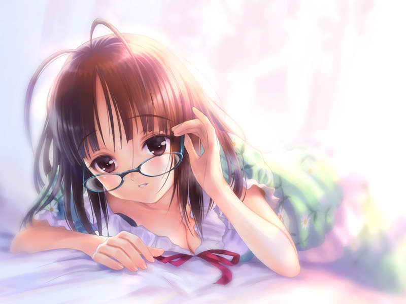 goto p, akizuki ritsuko, idolmaster, idolmaster (classic), idolmaster 1, 00s, 1girl, antenna hair, breast press, breasts, brown eyes, brown hair, cleavage, female focus, glasses, lying, medium breasts, solo