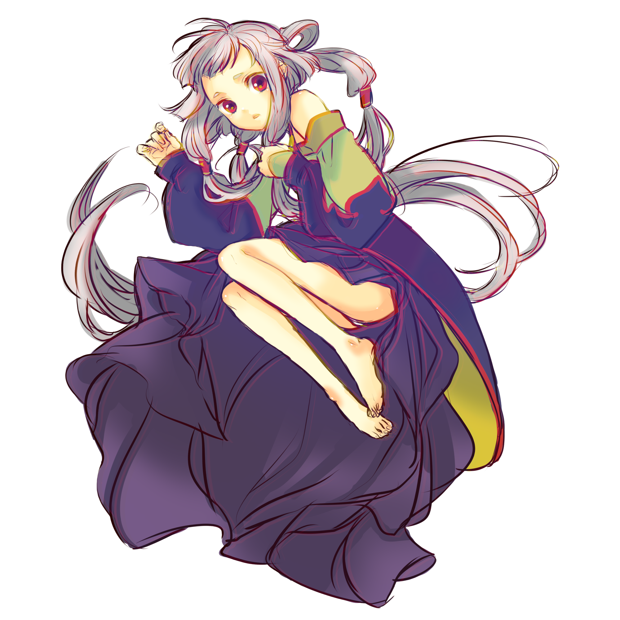 todoroki sora, tianzi, code geass, silver hair, bad id, bad pixiv id, highres, 00s, barefoot, dress, feet, fetal position, red eyes, solo, todorokisora
