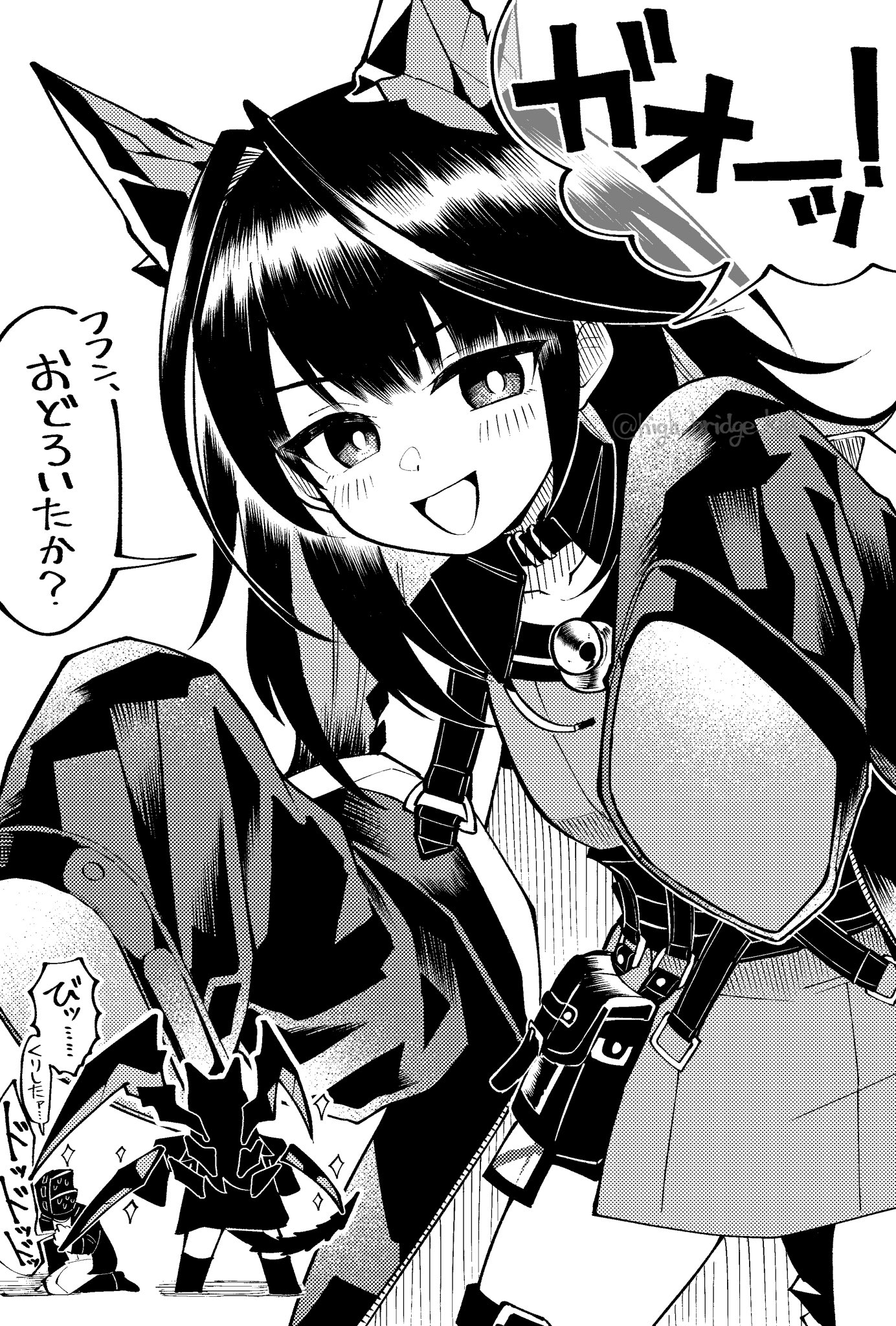 doctor (arknights), mon3tr (arknights), arknights, commentary request, highres, translated, 1girl, 1other, :d, ahoge, blush, coat, dress, greyscale, high bridge kai, huge ahoge, long hair, looking at viewer, material growth, monochrome, multiple views, nervous sweating, open mouth, oripathy lesion (arknights), scared, short dress, sleeves past fingers, sleeves past wrists, smile, sound effects, sparkle, strap, sweat, twitter username, watermark