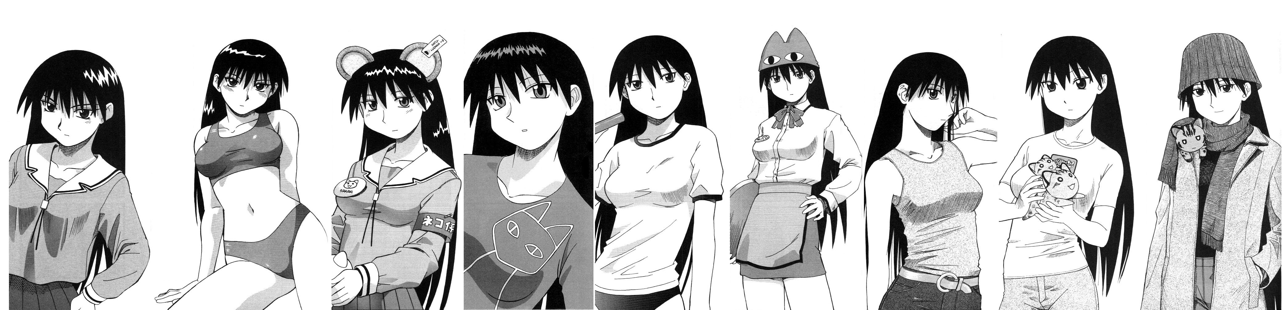 azuma kiyohiko, sakaki (azumanga daioh), azumanga daiou, absurdres, highres, long image, official art, wide image, 1girl, bikini, black hair, buruma, casual, cat, coat, greyscale, gym uniform, long hair, monochrome, school uniform, serafuku, sports bikini, swimsuit, waitress