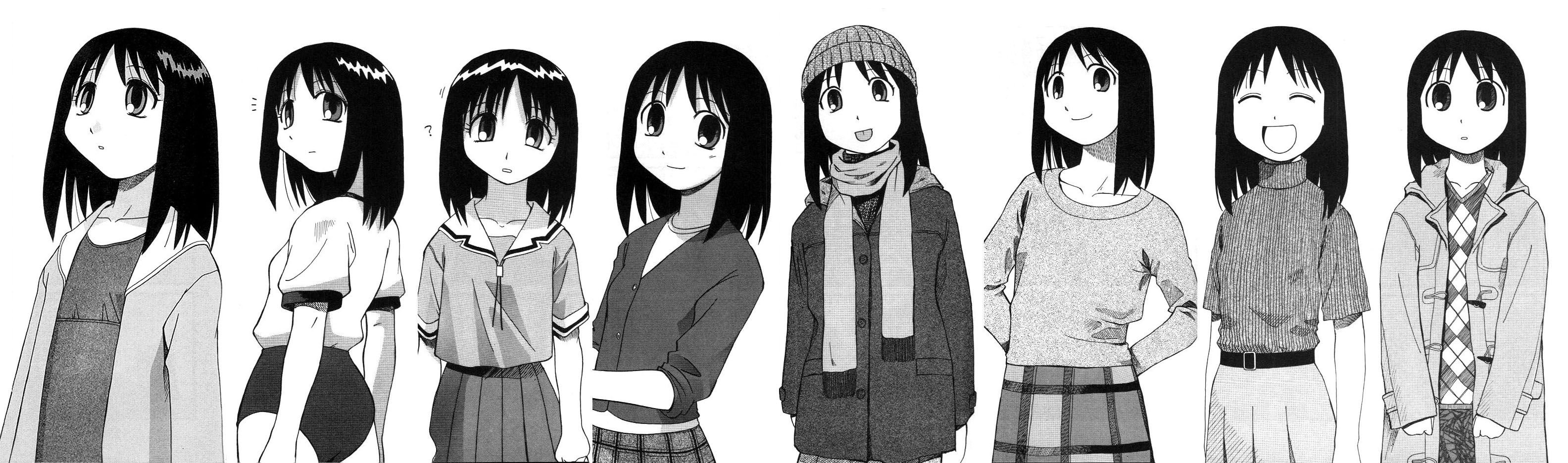 azuma kiyohiko, kasuga ayumu, azumanga daiou, highres, long image, official art, wide image, buruma, casual, coat, greyscale, gym uniform, monochrome, school uniform, serafuku, white background