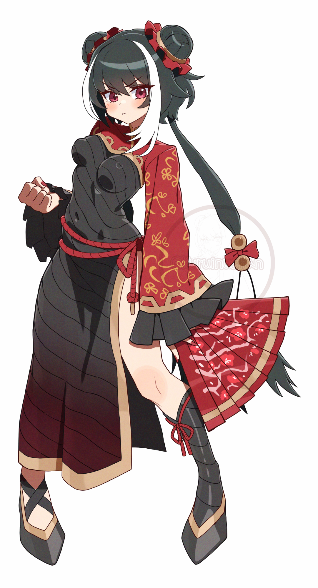 kuruinuchan, jia xichun (project moon), limbus company, project moon, highres, 1girl, :<, black dress, black hair, black shoes, breasts, chinese clothes, double bun, dress, full body, hair bun, hand fan, long hair, long sleeves, looking at viewer, multicolored hair, pink eyes, red nails, red shrug, rope belt, shoes, shrug (clothing), simple background, solo, standing, streaked hair, twintails, white background, white streaks