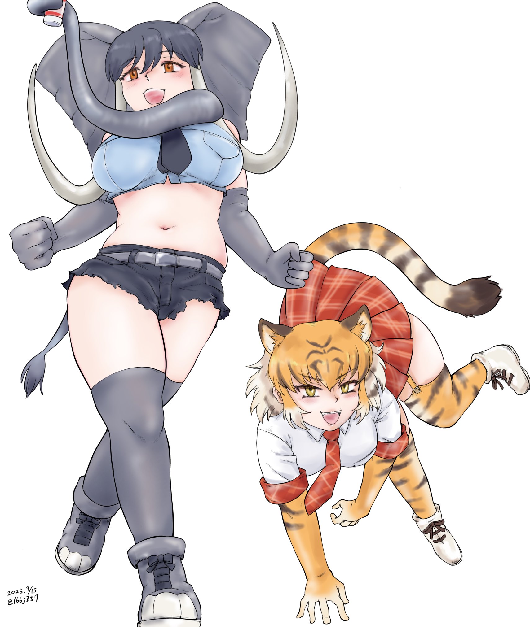 saja (166j357), african elephant (kemono friends), tiger (kemono friends), kemono friends, highres, 2girls, all fours, animal ears, animal print, bare shoulders, black hair, black shoes, blue shirt, blush, boots, collared shirt, crop top, cutoffs, elbow gloves, elephant ears, elephant girl, elephant tail, garter straps, gloves, grey boots, grey gloves, grey hair, grey thighhighs, hair between eyes, midriff, multicolored hair, multiple girls, navel, necktie, open mouth, orange eyes, orange gloves, orange hair, orange thighhighs, plaid clothes, plaid necktie, plaid skirt, plaid trim, pleated skirt, print gloves, print thighhighs, red necktie, red skirt, red trim, shirt, shoes, short hair, short shorts, shorts, sidelocks, skirt, sleeveless, smile, tail, thighhighs, tiger ears, tiger girl, tiger print, tiger tail, two-tone hair, white boots, white hair, white shirt, yellow eyes, zettai ryouiki