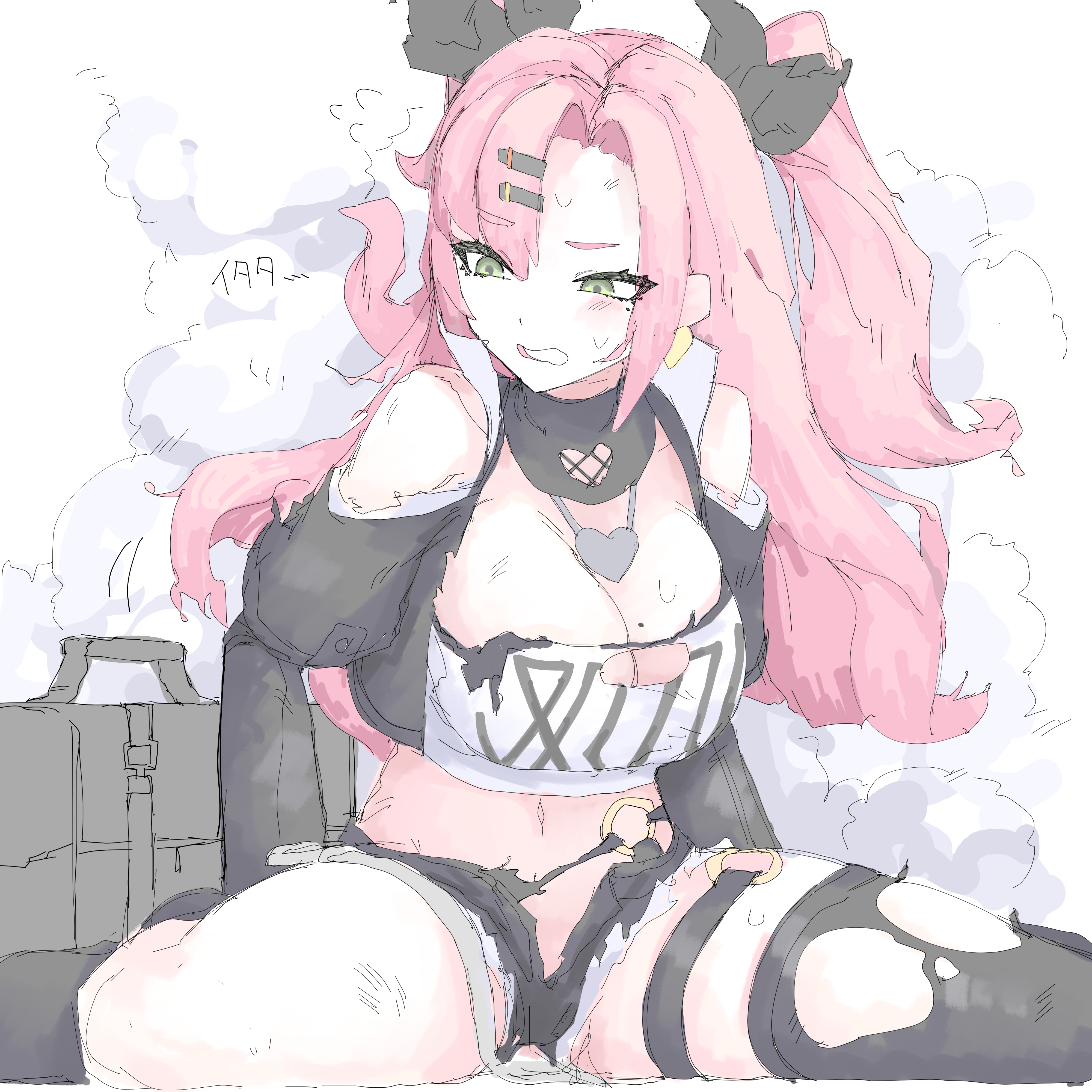 mocamocaink, nicole demara, zenless zone zero, absurdres, highres, 1girl, bare shoulders, black ribbon, black shorts, blush, breasts, cleavage, clothing cutout, crop top, cutoffs, earrings, green eyes, hair ornament, hairclip, heart, heart earrings, heart necklace, jewelry, looking at object, micro shorts, mole, mole on breast, mole under eye, necklace, pink hair, ribbon, scratches, shorts, shoulder cutout, single thighhigh, smoke, solo, steam, strapless, sweat, teeth, thigh strap, thighhighs, torn clothes, torn thighhighs, tube top, twintails, white background, white tube top