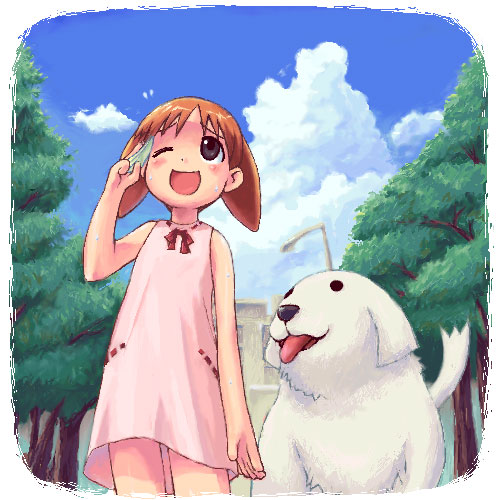 mihama chiyo, tadakichi-san, azumanga daiou, lowres, 1girl, ;d, alternate costume, bare shoulders, black eyes, bow, bowtie, brown hair, building, child, cloud, cowboy shot, day, dog, dress, flat chest, flying sweatdrops, from below, hand up, happy, holding, lamppost, looking at another, looking up, oekaki, one eye closed, open mouth, orange hair, outdoors, parted bangs, pink dress, raised eyebrows, ribbon, ribbon trim, short dress, short hair, short twintails, sky, sleeveless, sleeveless dress, smile, standing, sundress, sweat, tongue, tongue out, tree, twintails
