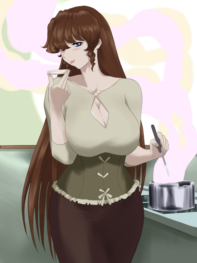 fumizuki hajime, fuzuki hajime, arisaka hatsune, tona-gura!, 1girl, blue eyes, breasts, brown hair, brown skirt, cleavage, cleavage cutout, clothing cutout, cooking, curvy, female focus, huge breasts, long hair, long skirt, pencil skirt, skirt, solo, tongue