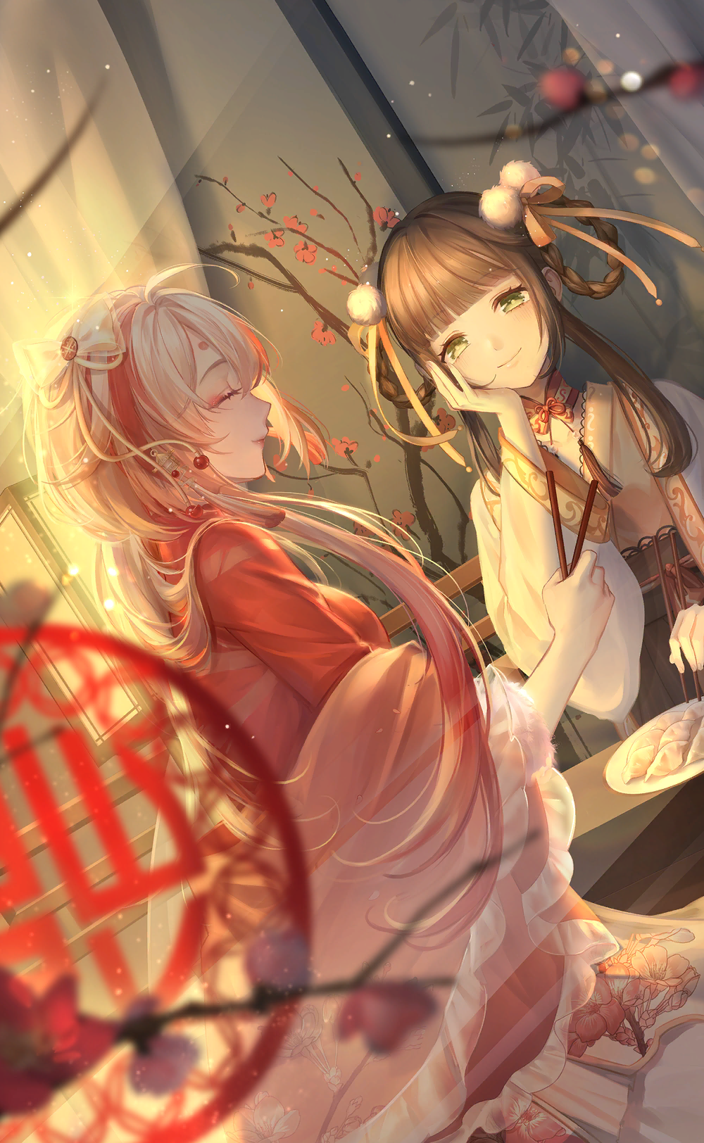 nikki (series), shining nikki, artist request, game cg, highres, official art, 2girls, ^ ^, ahoge, black sash, blurry, blurry foreground, bow, braid, braided hair rings, branch, bright pupils, brown hair, bud, button hair ornament, cherry blossom print, chi xiaoyu, chinese clothes, chopsticks, closed eyes, closed mouth, collar, cowboy shot, curtains, detached collar, dumpling, dutch angle, earrings, eating, eyelashes, eyeliner, floral print, flower, flower knot, food, frilled shirt, frilled sleeves, frills, gradient hair, green eyes, hair bow, hair ornament, hair ribbon, hair rings, hand on own cheek, hand on own face, haori, happy, holding, holding chopsticks, indoors, jacket, japanese clothes, jewelry, jiaozi, kimono, lace, lace-trimmed kimono, lace-trimmed sash, lace trim, lantern, light particles, lipstick, long hair, long sleeves, looking at another, makeup, mandarin collar, multicolored hair, multiple girls, neck ribbon, neck tassel, new year, obi, pink eyeliner, pink flower, pink lips, plate, pointy nose, pom pom (clothes), pom pom hair ornament, red collar, red hair, red ribbon, red shirt, ribbon, sash, see-through clothes, see-through shawl, shawl, shirt, short hair with long locks, sidelocks, sitting, skirt, smile, streaked hair, sunset, table, tassel, tassel earrings, two-tone hair, vermillion snow, very long hair, waist ribbon, white bow, white hair, white jacket, white pupils, white shawl, white skirt, wide sleeves, yellow kimono, yellow ribbon