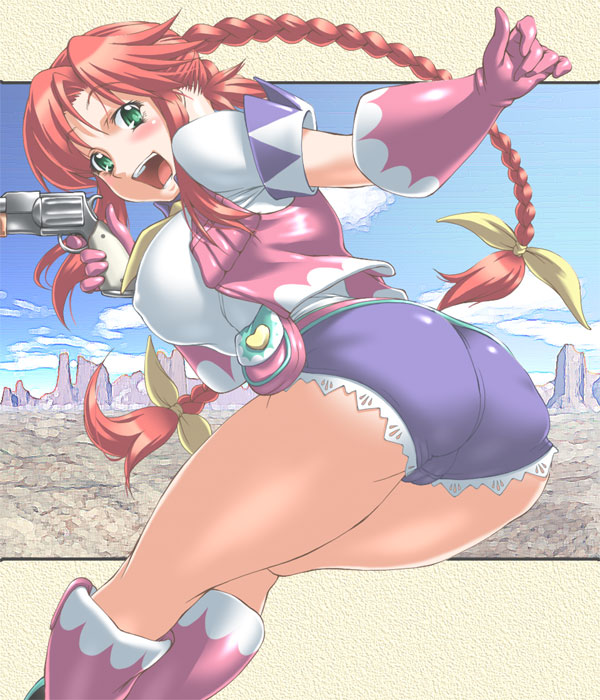 rebecca streisand, tagme, 1girl, ass, braid, breasts, cow girl, gloves, green eyes, gun, red hair, weapon