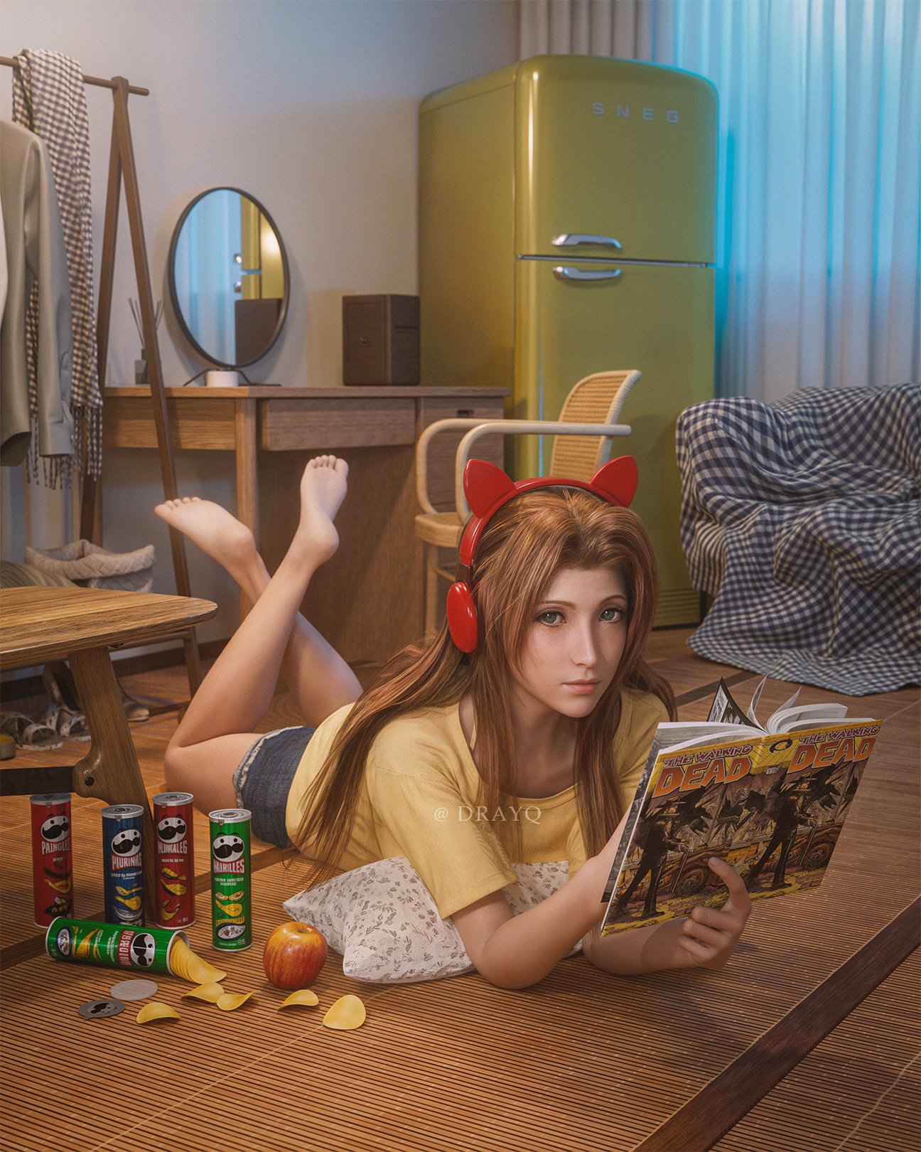 drayqin, aerith gainsborough, souryuu asuka langley, final fantasy, final fantasy vii, final fantasy vii rebirth, final fantasy vii remake, neon genesis evangelion, pringles, the walking dead, ai-assisted, highres, photo-referenced, 1girl, 3d, animal ear headphones, animal ears, apple, artist name, bare legs, barefoot, blue shorts, book, brown hair, chips (food), closed mouth, cosplay, crossed ankles, curtains, fake animal ears, feet, feet up, food, fruit, full body, green eyes, headphones, holding, holding book, indoors, legs, looking at viewer, lying, mirror, on stomach, parted bangs, potato chips, sandals, shirt, short sleeves, shorts, sidelocks, soles, solo, souryuu asuka langley (cosplay), table, the pose, toes, twitter username, unworn sandals, yellow shirt