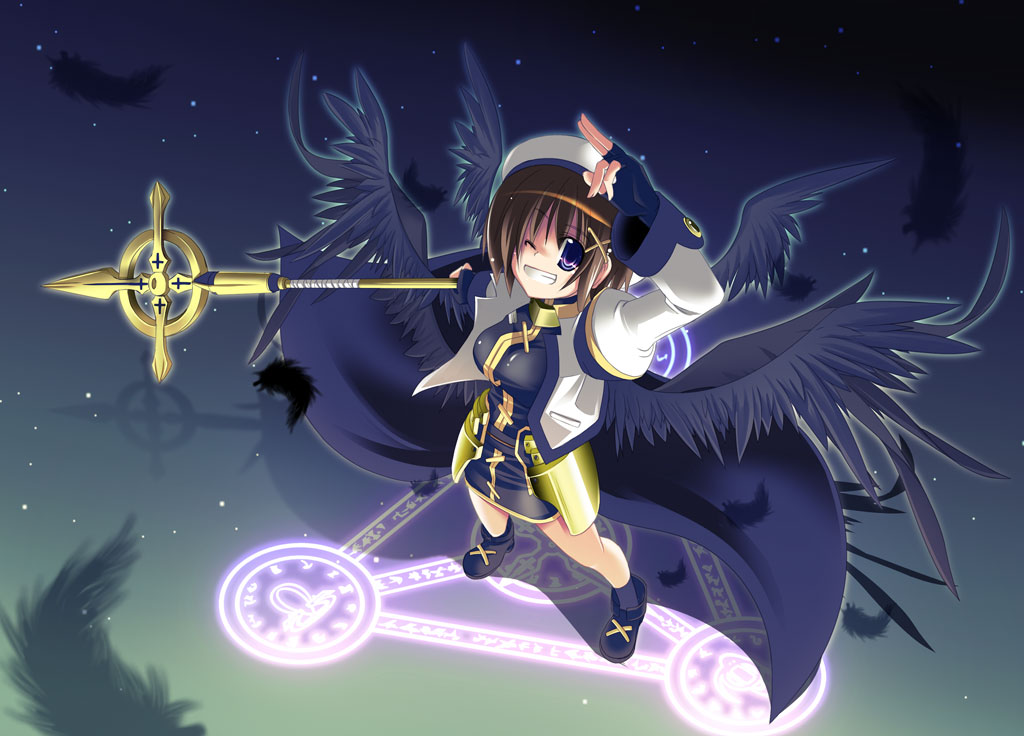 kazekawa nagi, schwertkreuz, yagami hayate, lyrical nanoha, mahou shoujo lyrical nanoha, mahou shoujo lyrical nanoha strikers, 00s, 1girl, brown hair, female focus, hair ornament, magic circle, solo, staff, wings, x hair ornament